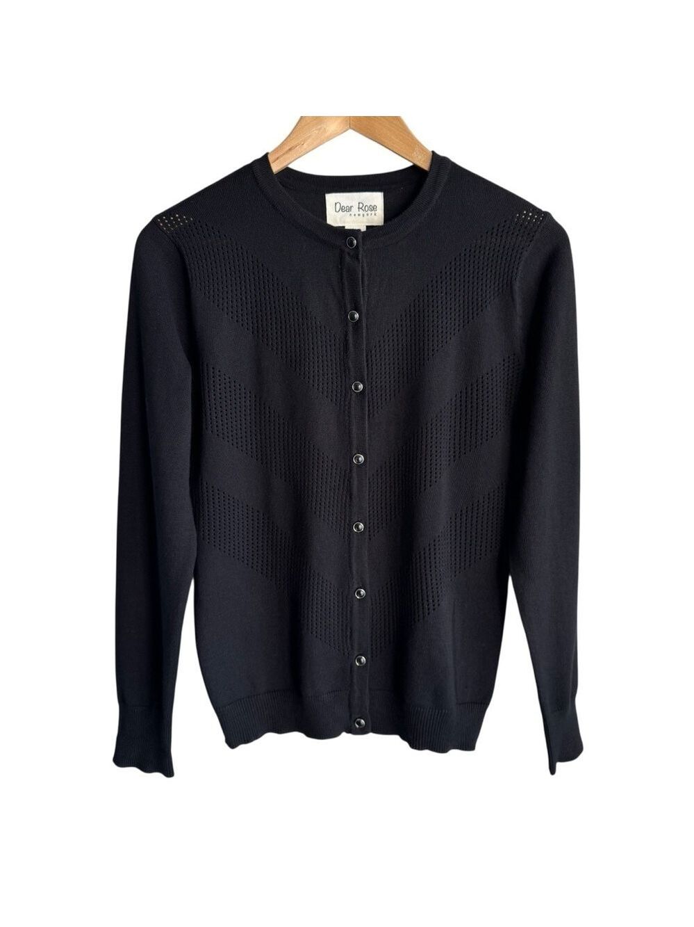 Dear Rose Perforated Button Up Cardigan Sz M Black Classy Preppy Simple Timeless